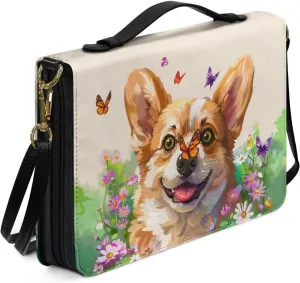 Suobstales Corgi Dog Butterfly Daisy Print Bible Cover Book Cover for Women Men PU Leather Bible Case Bible Protective with Shoulder Strap, Waterproof Bible Tote Bag Handbag Bible Accessories, XL