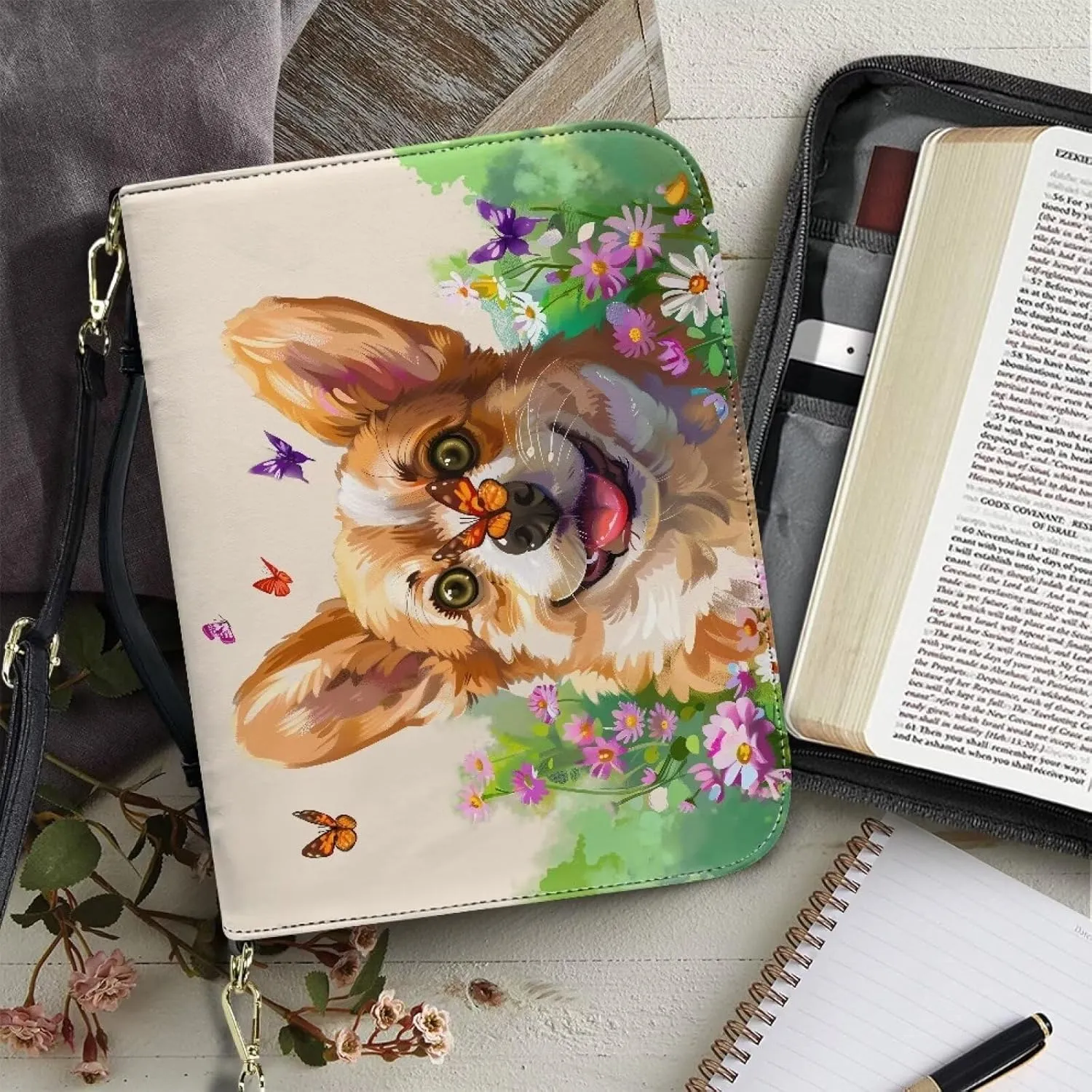 Suobstales Corgi Dog Butterfly Daisy Print Bible Cover Book Cover for Women Men PU Leather Bible Case Bible Protective with Shoulder Strap, Waterproof Bible Tote Bag Handbag Bible Accessories, XL