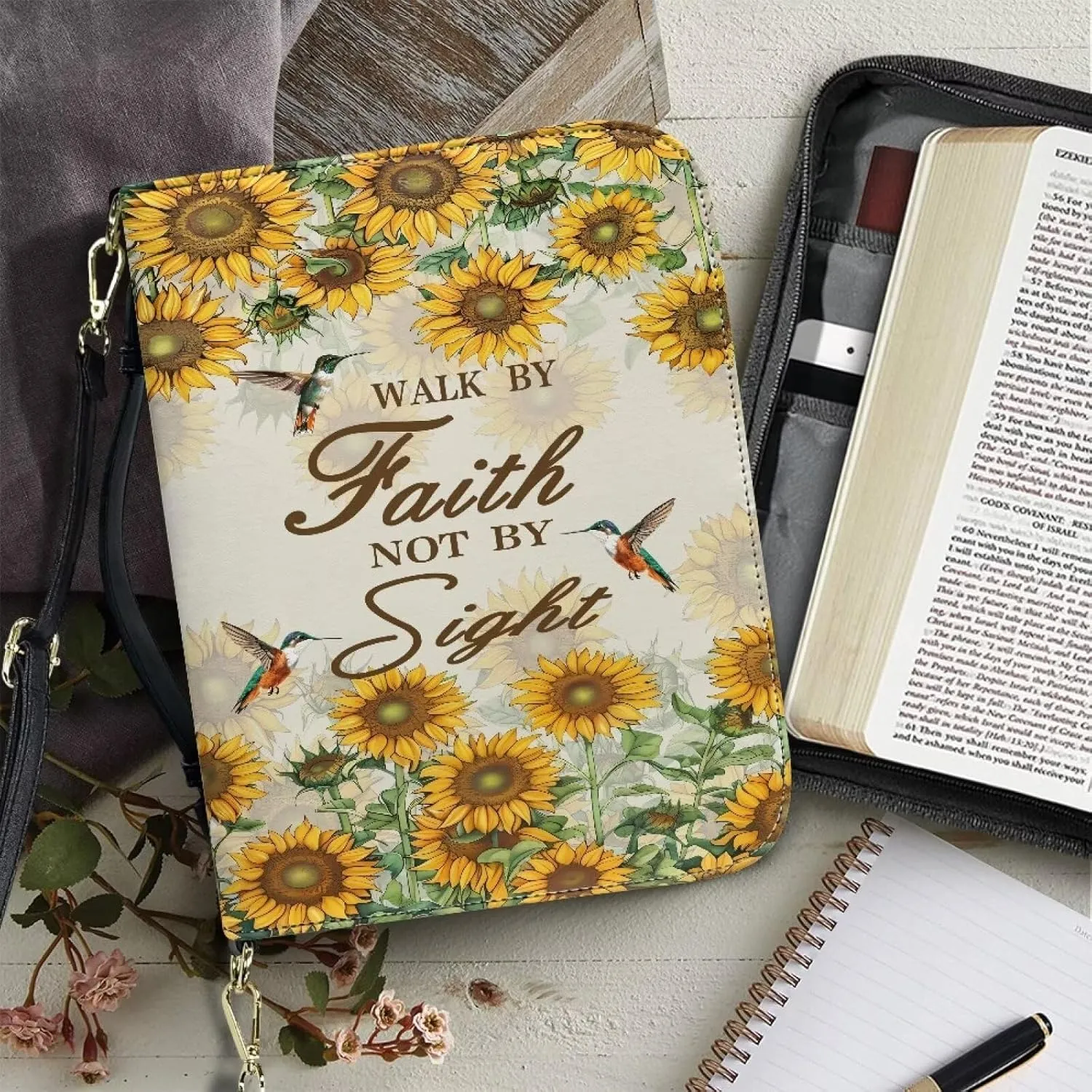 Suobstales Cross Sunflower Hummingbird Print Bible Cover with Shoulder Strap and Handle, Walk By Faith PU Leather Bible Carrying Case for Women Men Portable Bible Tote Bag Bible Book Cover, L