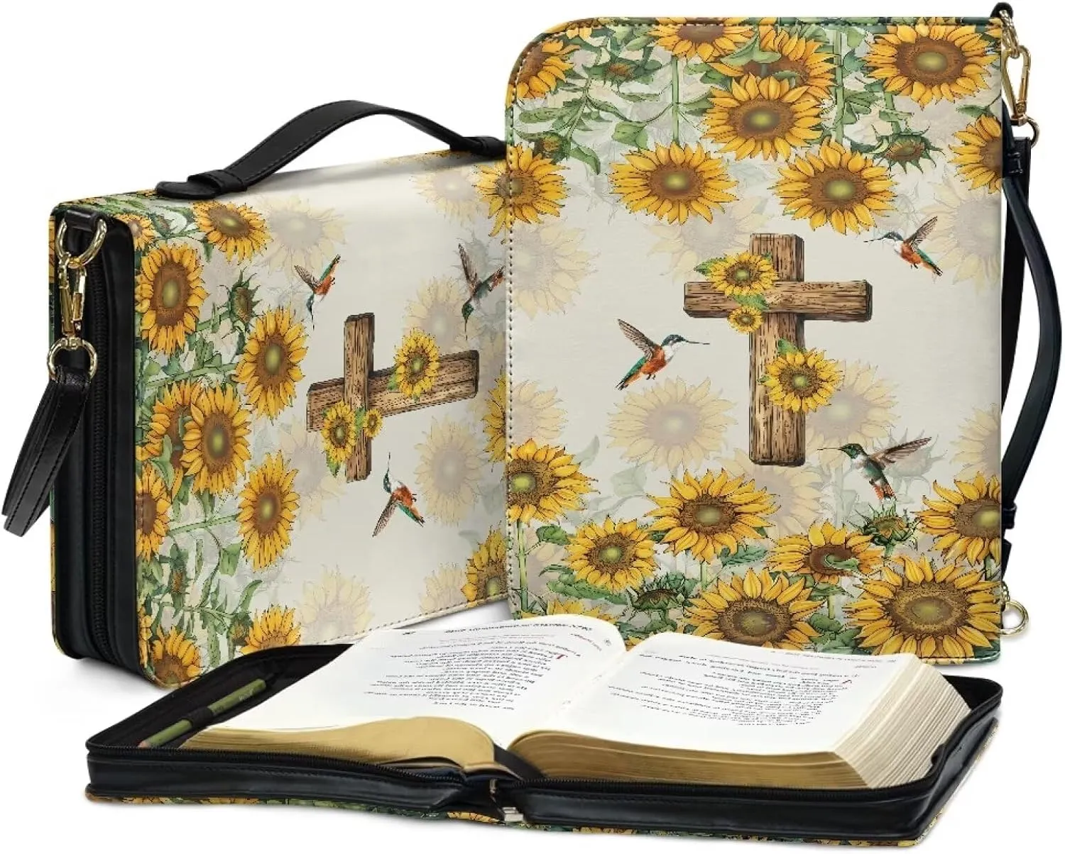 Suobstales Cross Sunflower Hummingbird Print Bible Cover with Shoulder Strap and Handle, Walk By Faith PU Leather Bible Carrying Case for Women Men Portable Bible Tote Bag Bible Book Cover, L