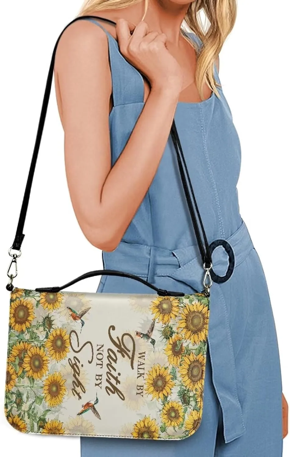 Suobstales Cross Sunflower Hummingbird Print Bible Cover with Shoulder Strap and Handle, Walk By Faith PU Leather Bible Carrying Case for Women Men Portable Bible Tote Bag Bible Book Cover, L