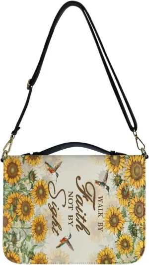 Suobstales Cross Sunflower Hummingbird Print Bible Cover with Shoulder Strap and Handle, Walk By Faith PU Leather Bible Carrying Case for Women Men Portable Bible Tote Bag Bible Book Cover, L