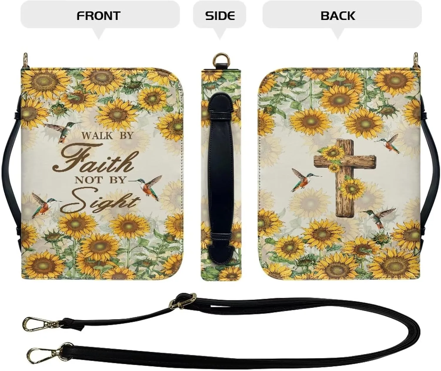 Suobstales Cross Sunflower Hummingbird Print Bible Cover with Shoulder Strap and Handle, Walk By Faith PU Leather Bible Carrying Case for Women Men Portable Bible Tote Bag Bible Book Cover, L