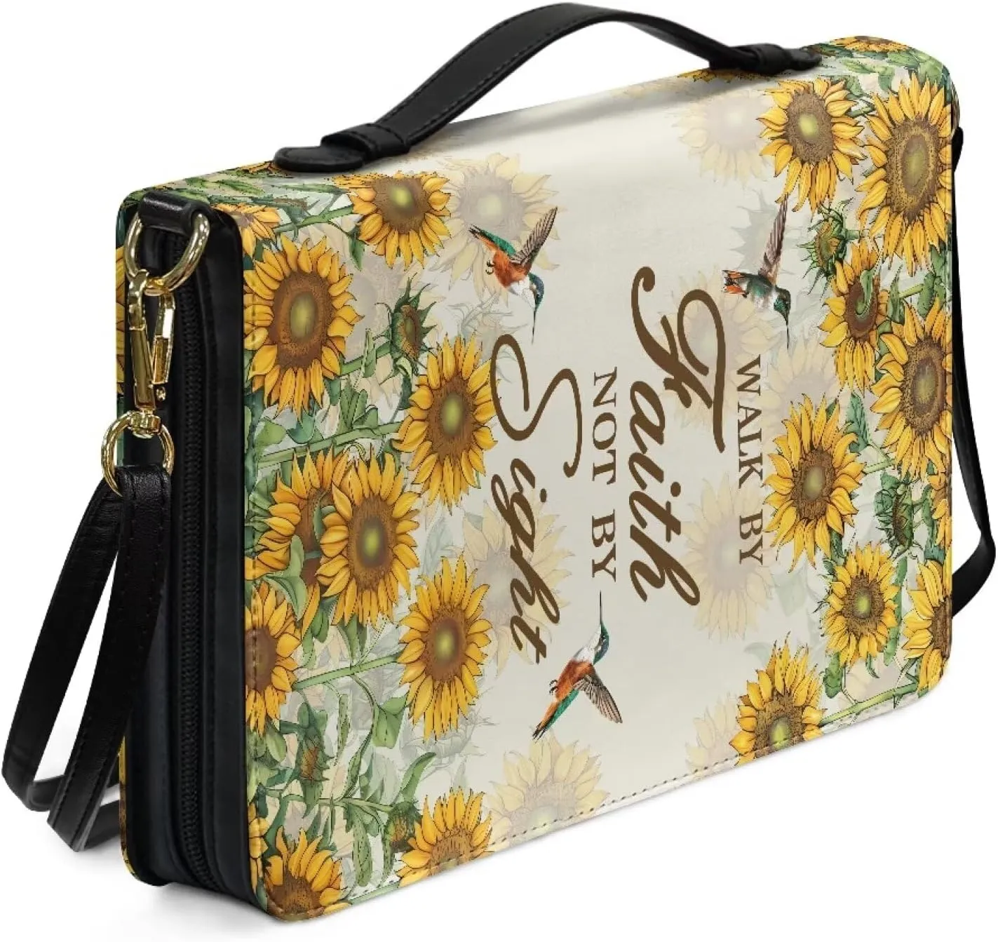 Suobstales Cross Sunflower Hummingbird Print Bible Cover with Shoulder Strap and Handle, Walk By Faith PU Leather Bible Carrying Case for Women Men Portable Bible Tote Bag Bible Book Cover, L