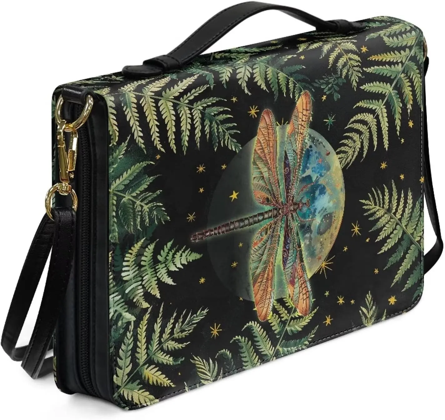 Suobstales Dragonfly Moon Leaf Print Bible Covers for Men Women Large Bible Case Bible Accessories PU Leather Bible Protective with Handle, Portable Crossbody Bag Scripture Bag Bible Protective, L