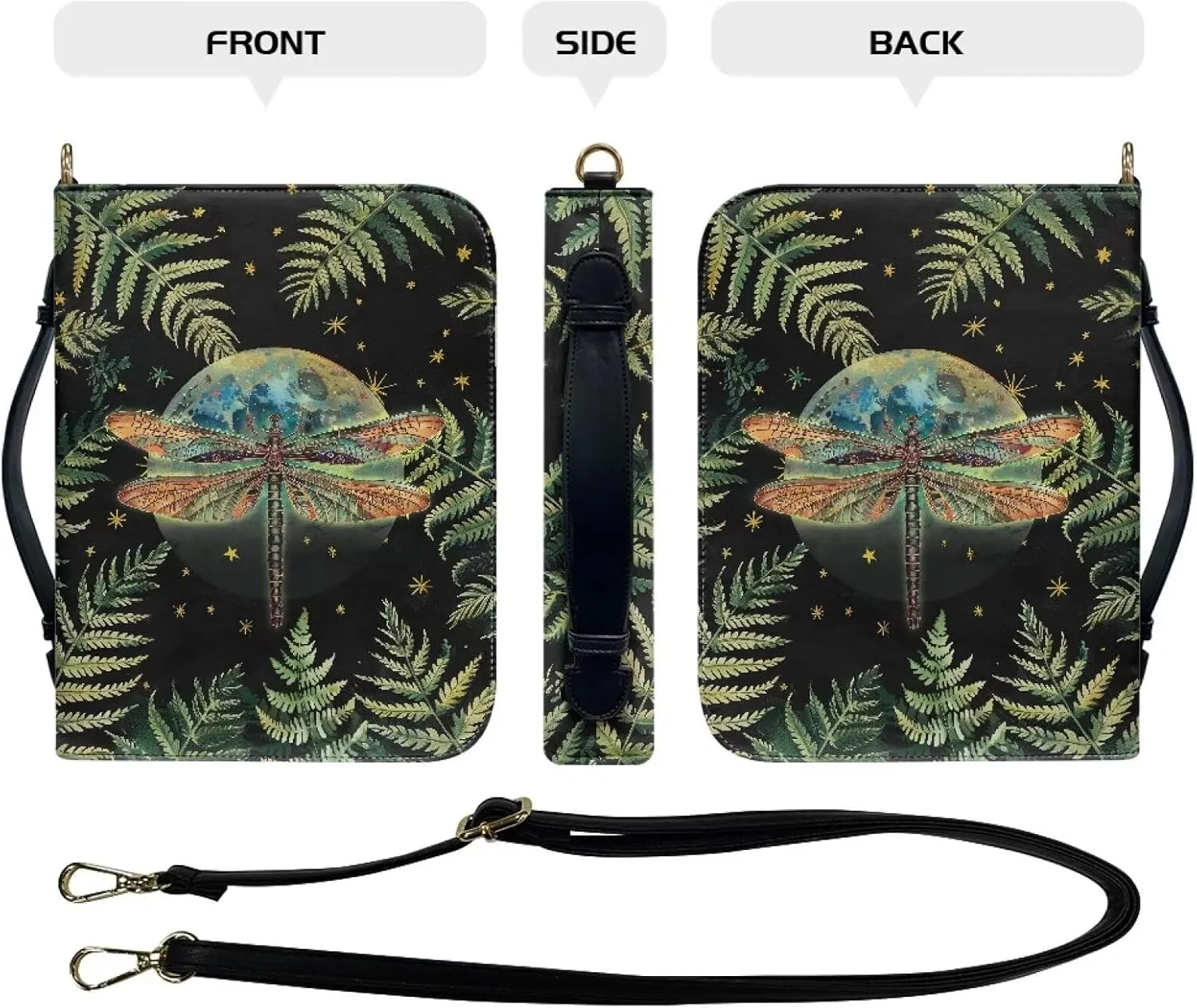 Suobstales Dragonfly Moon Leaf Print Bible Covers for Men Women Large Bible Case Bible Accessories PU Leather Bible Protective with Handle, Portable Crossbody Bag Scripture Bag Bible Protective, L