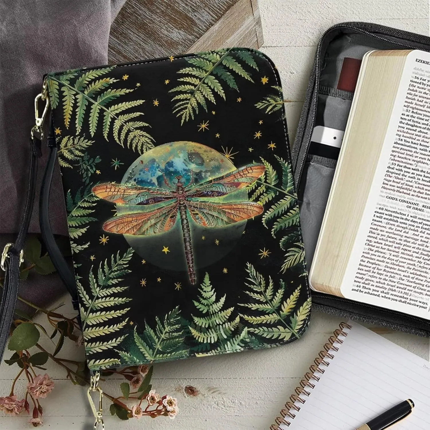 Suobstales Dragonfly Moon Leaf Print Bible Covers for Men Women Large Bible Case Bible Accessories PU Leather Bible Protective with Handle, Portable Crossbody Bag Scripture Bag Bible Protective, L