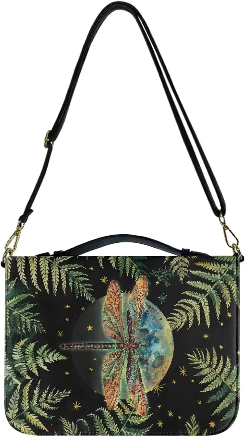 Suobstales Dragonfly Moon Leaf Print Bible Covers for Men Women Large Bible Case Bible Accessories PU Leather Bible Protective with Handle, Portable Crossbody Bag Scripture Bag Bible Protective, L