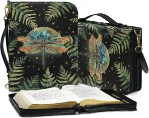 Suobstales Dragonfly Moon Leaf Print Bible Covers for Men Women Large Bible Case Bible Accessories PU Leather Bible Protective with Handle, Portable Crossbody Bag Scripture Bag Bible Protective, L