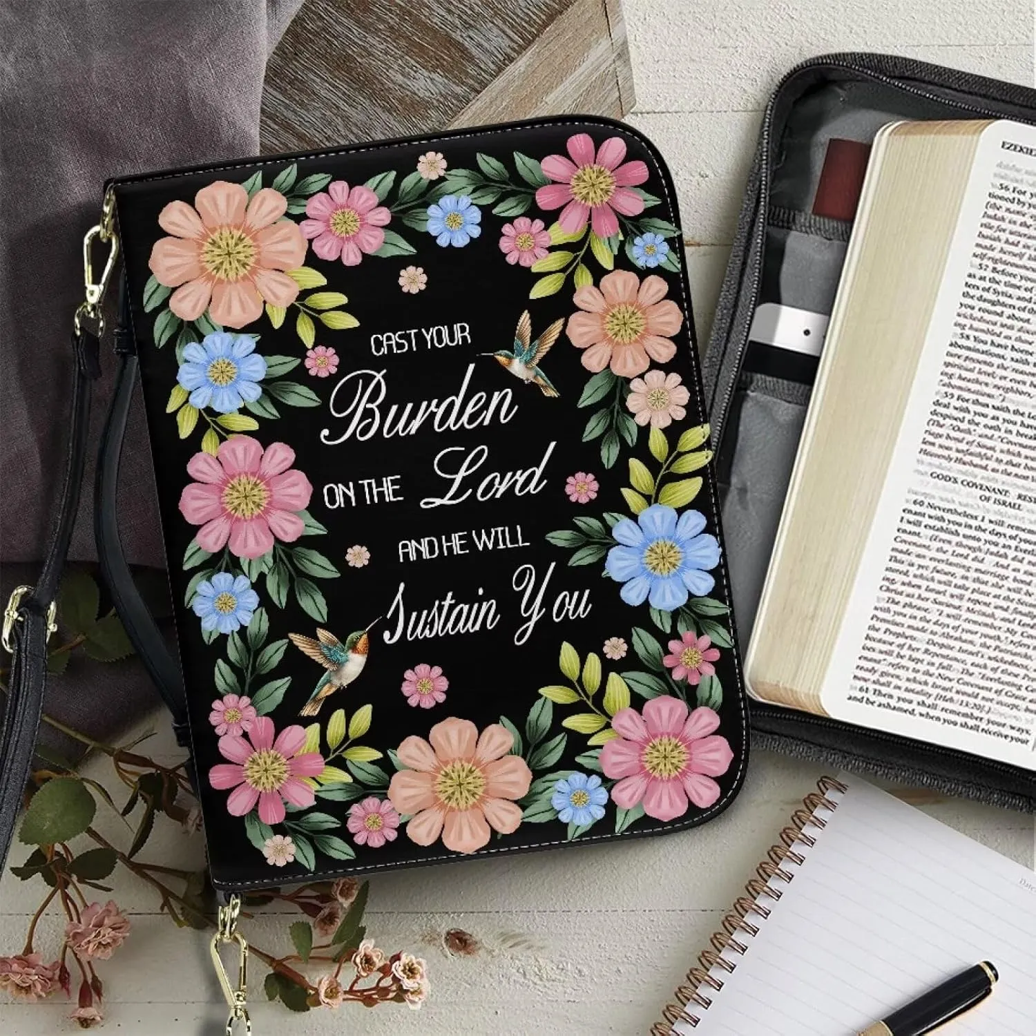 Suobstales Hummingbird Daisy - Cast Your Burden on The Lord Print Bible Cover with Handle and Shoulder Strap for Women Men PU Leather Bible Case Large Capacity Book Bag Tote Bag Bible Church Bag, L