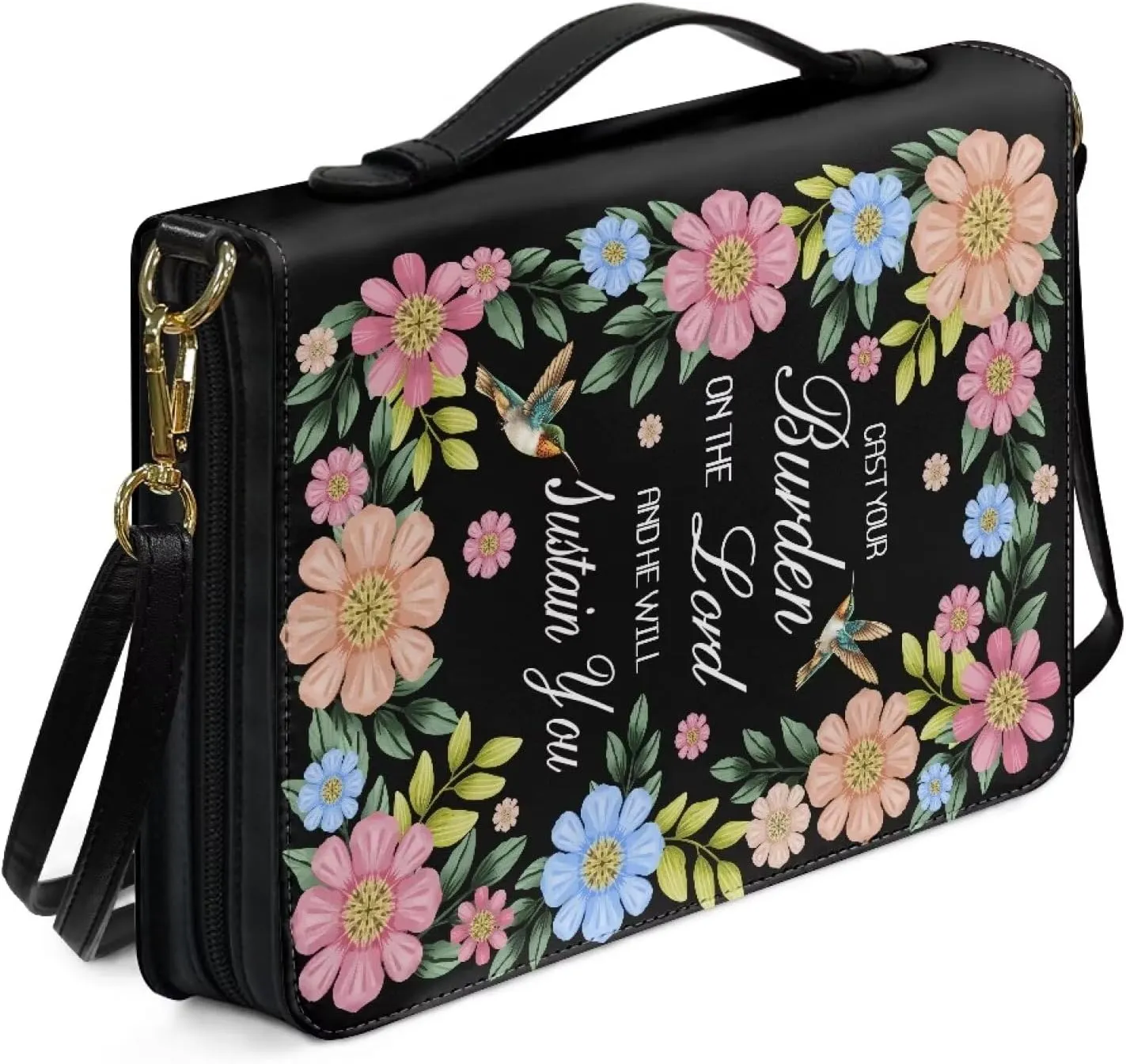 Suobstales Hummingbird Daisy - Cast Your Burden on The Lord Print Bible Cover with Handle and Shoulder Strap for Women Men PU Leather Bible Case Large Capacity Book Bag Tote Bag Bible Church Bag, L