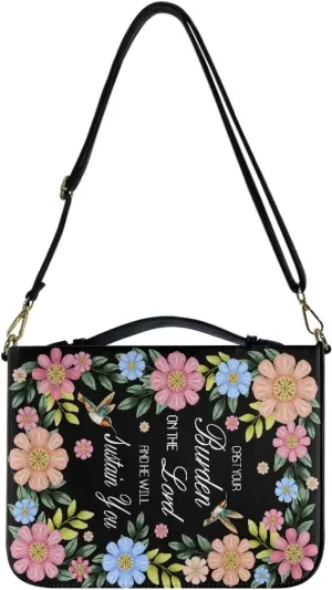 Suobstales Hummingbird Daisy - Cast Your Burden on The Lord Print Bible Cover with Handle and Shoulder Strap for Women Men PU Leather Bible Case Large Capacity Book Bag Tote Bag Bible Church Bag, L
