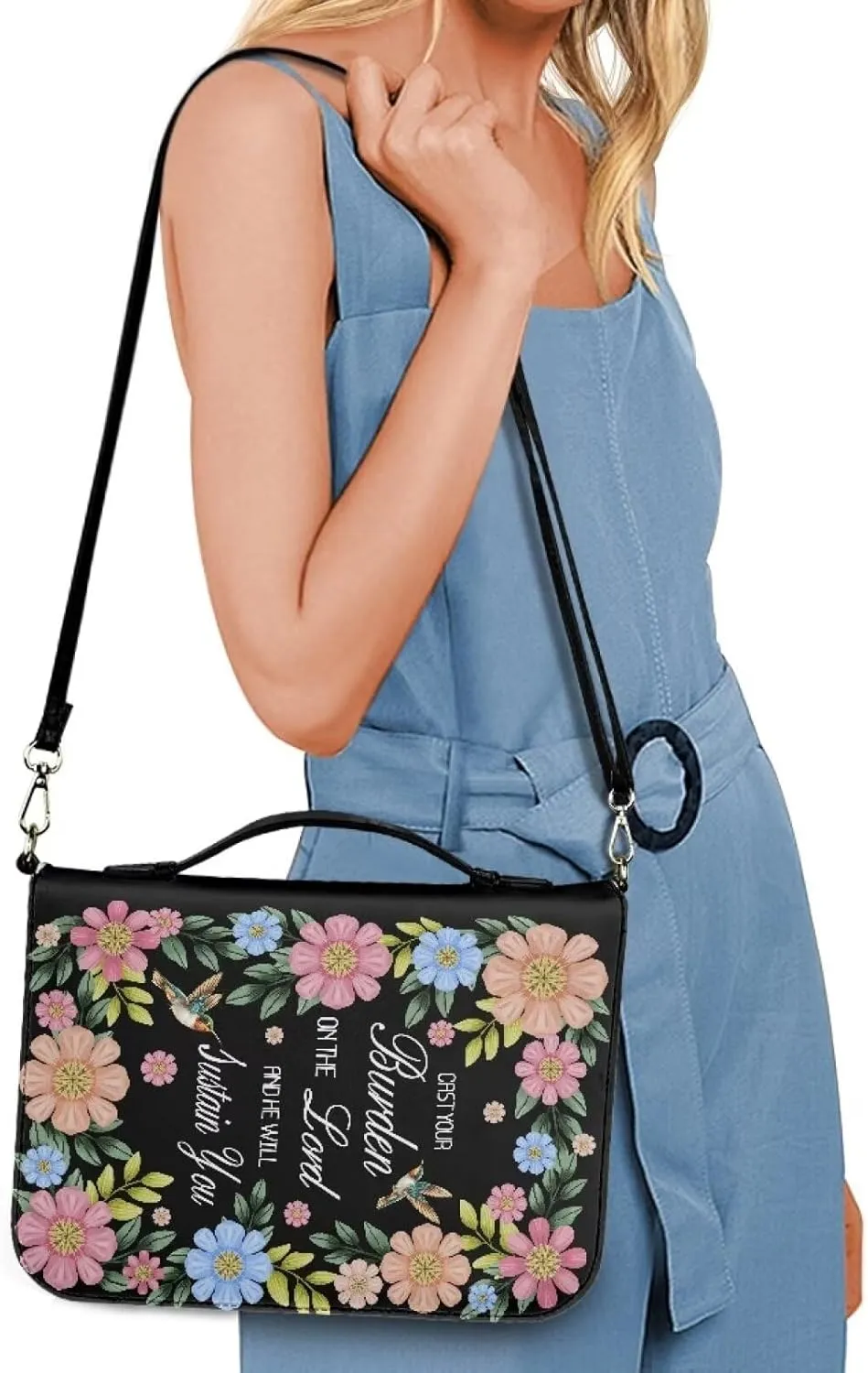 Suobstales Hummingbird Daisy - Cast Your Burden on The Lord Print Bible Cover with Handle and Shoulder Strap for Women Men PU Leather Bible Case Large Capacity Book Bag Tote Bag Bible Church Bag, L