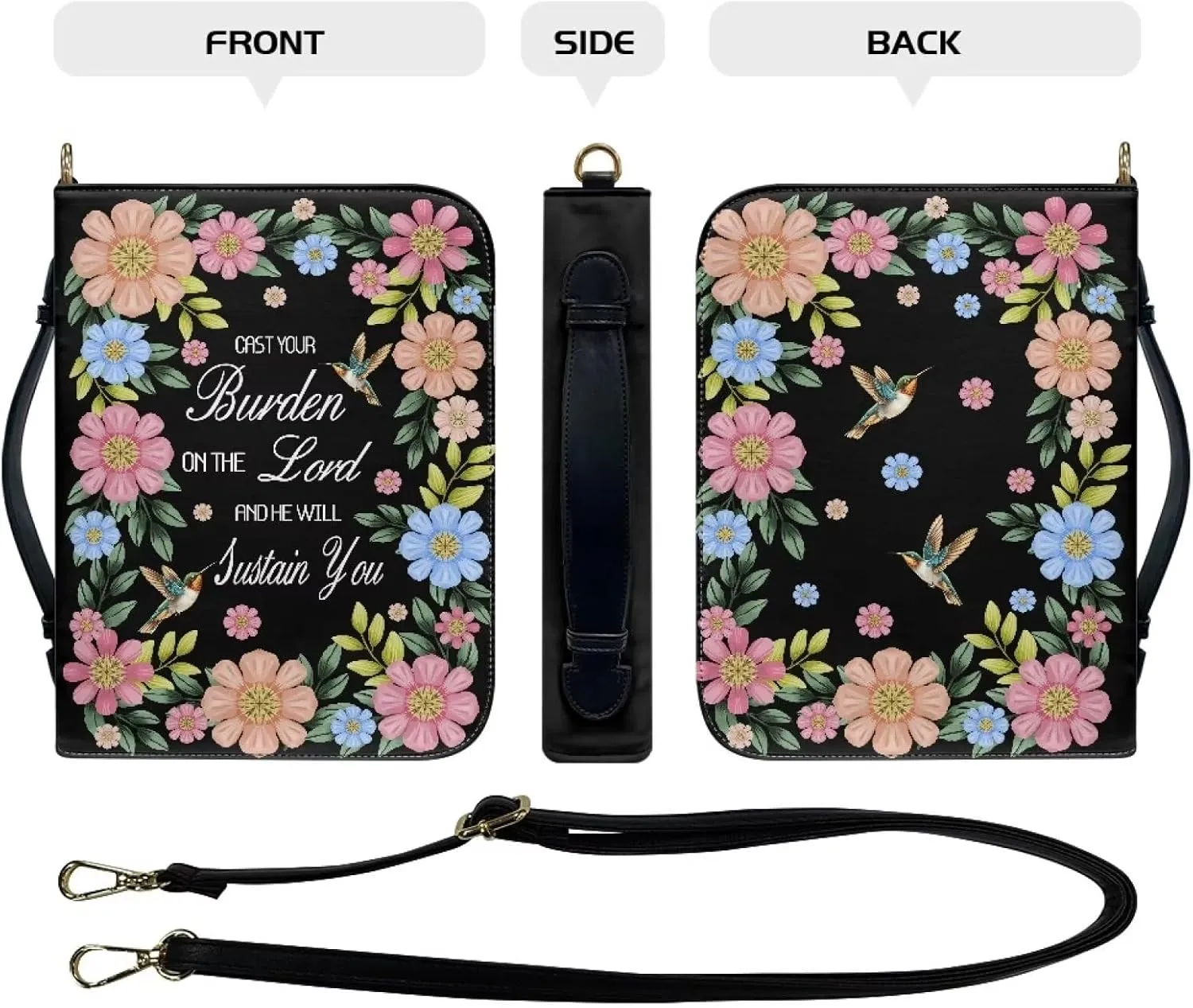 Suobstales Hummingbird Daisy - Cast Your Burden on The Lord Print Bible Cover with Handle and Shoulder Strap for Women Men PU Leather Bible Case Large Capacity Book Bag Tote Bag Bible Church Bag, L