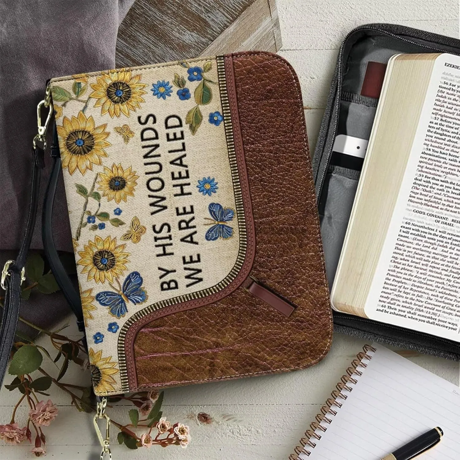 Suobstales Sunflower Butterfly Pattern Bible Cover for Men Women By His Wounds We are Healed PU Leather Carrying Book Case Bible Bag Bible Case Church Bag Bible Protective with Handle, 2XL