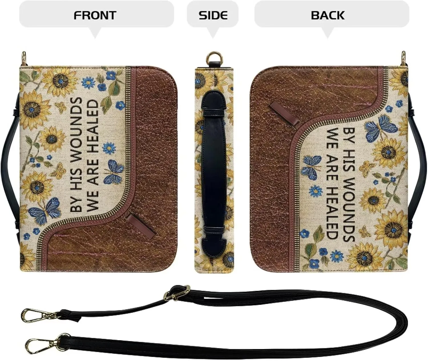 Suobstales Sunflower Butterfly Pattern Bible Cover for Men Women By His Wounds We are Healed PU Leather Carrying Book Case Bible Bag Bible Case Church Bag Bible Protective with Handle, 2XL
