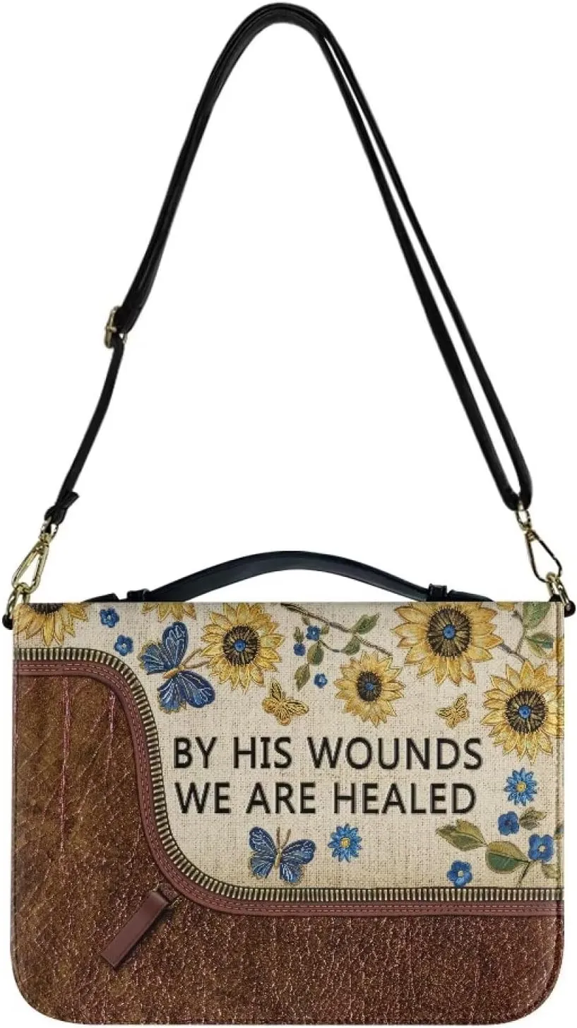 Suobstales Sunflower Butterfly Pattern Bible Cover for Men Women By His Wounds We are Healed PU Leather Carrying Book Case Bible Bag Bible Case Church Bag Bible Protective with Handle, 2XL