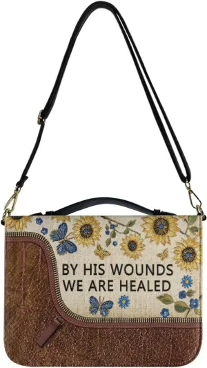 Suobstales Sunflower Butterfly Pattern Bible Cover for Men Women By His Wounds We are Healed PU Leather Carrying Book Case Bible Bag Bible Case Church Bag Bible Protective with Handle, 2XL