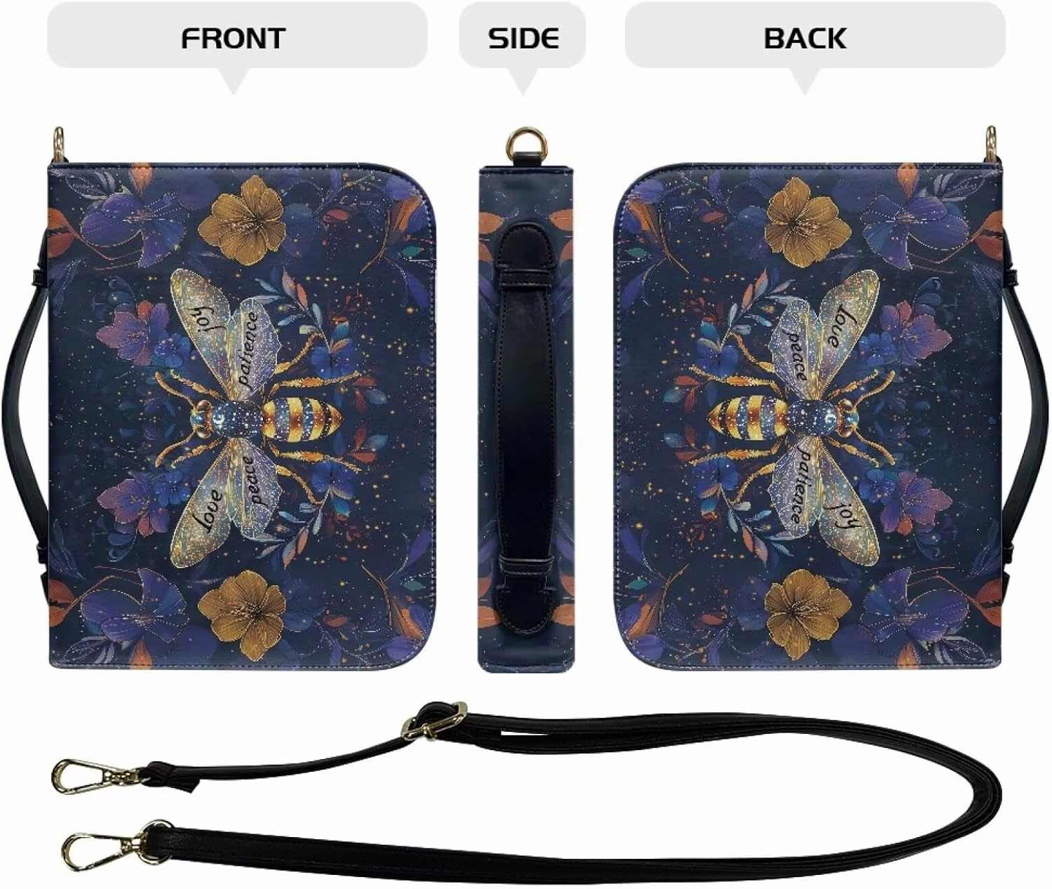 Suobstales Bee Flower Print Bible Covers with Shoulder Strap Love Peace Joy Patience PU Leather Bible Case for Women Men Bible Bag Tote Book Carrying Case Christian Bible Accessories with Handle, M