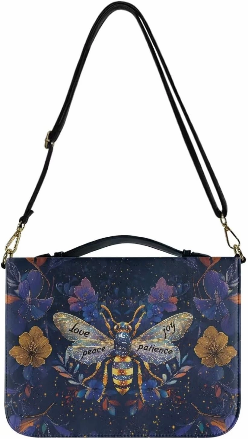 Suobstales Bee Flower Print Bible Covers with Shoulder Strap Love Peace Joy Patience PU Leather Bible Case for Women Men Bible Bag Tote Book Carrying Case Christian Bible Accessories with Handle, M