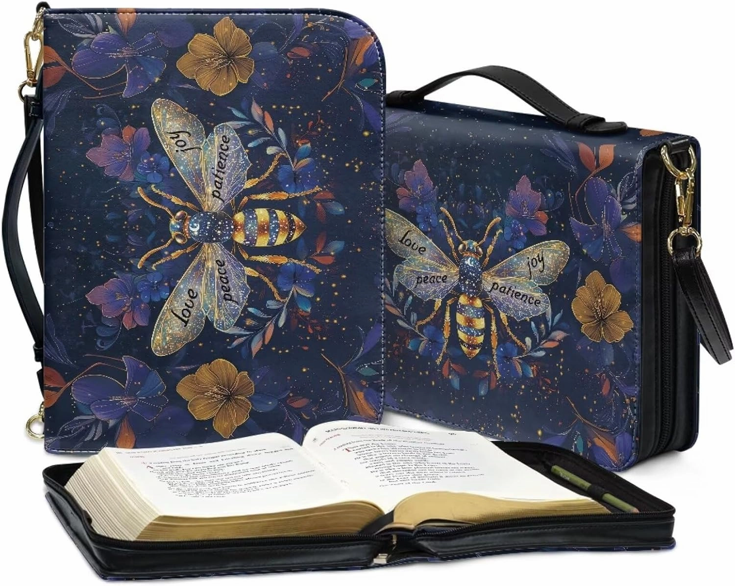 Suobstales Bee Flower Print Bible Covers with Shoulder Strap Love Peace Joy Patience PU Leather Bible Case for Women Men Bible Bag Tote Book Carrying Case Christian Bible Accessories with Handle, M