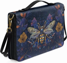 Suobstales Bee Flower Print Bible Covers with Shoulder Strap Love Peace Joy Patience PU Leather Bible Case for Women Men Bible Bag Tote Book Carrying Case Christian Bible Accessories with Handle, M