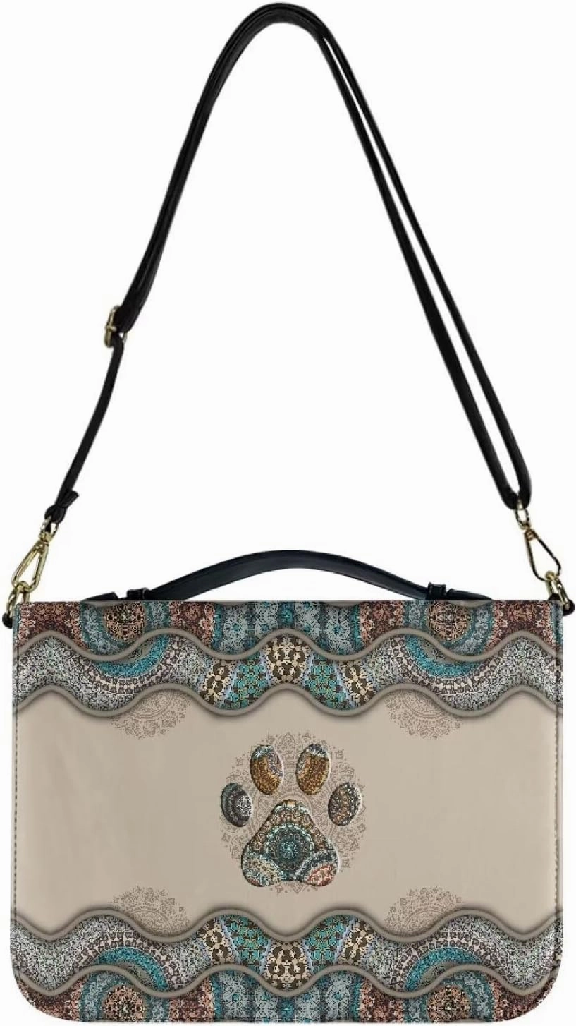 Suobstales Boho Paw Pattern Faux Leather Bible Cover for Men Women, Bible Case Bible Tote Bag Large Bible Carrying Case Bible Carrier with Shoulder Strap, Bible Gift for Book Lover, XL