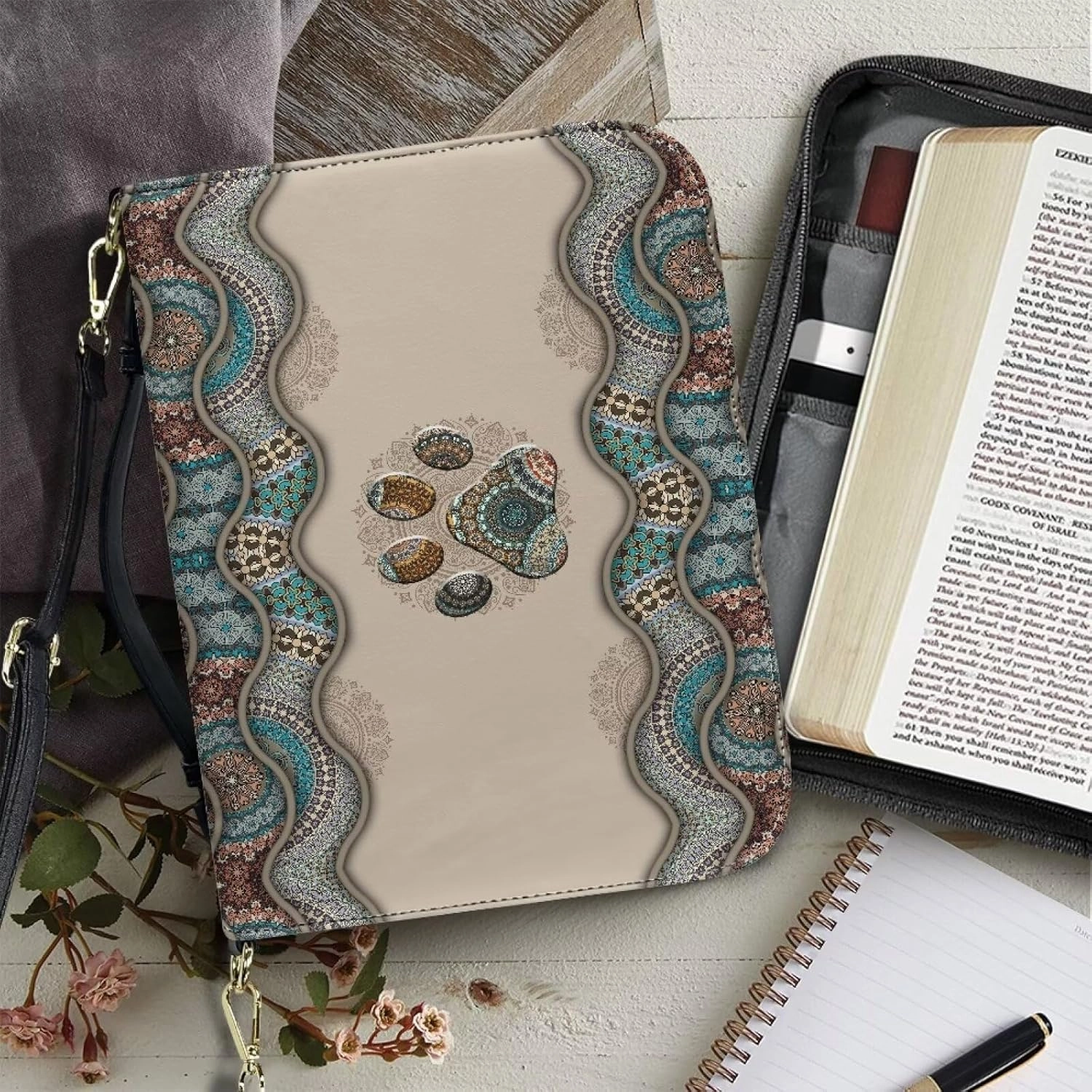 Suobstales Boho Paw Pattern Faux Leather Bible Cover for Men Women, Bible Case Bible Tote Bag Large Bible Carrying Case Bible Carrier with Shoulder Strap, Bible Gift for Book Lover, XL