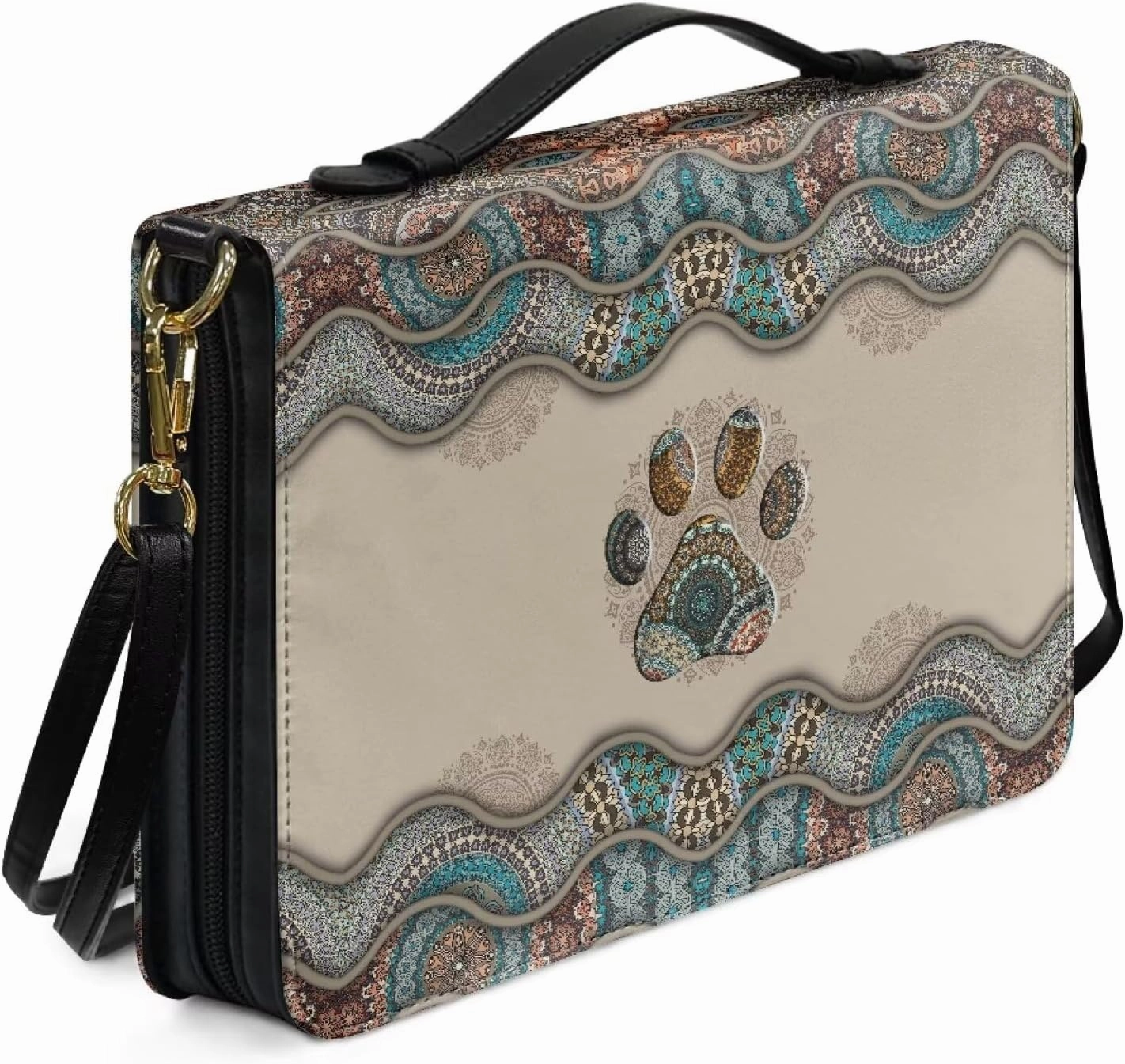 Suobstales Boho Paw Pattern Faux Leather Bible Cover for Men Women, Bible Case Bible Tote Bag Large Bible Carrying Case Bible Carrier with Shoulder Strap, Bible Gift for Book Lover, XL