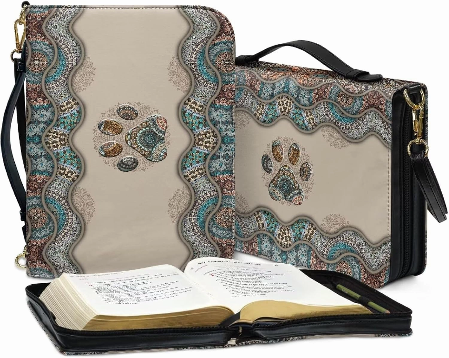 Suobstales Boho Paw Pattern Faux Leather Bible Cover for Men Women, Bible Case Bible Tote Bag Large Bible Carrying Case Bible Carrier with Shoulder Strap, Bible Gift for Book Lover, XL