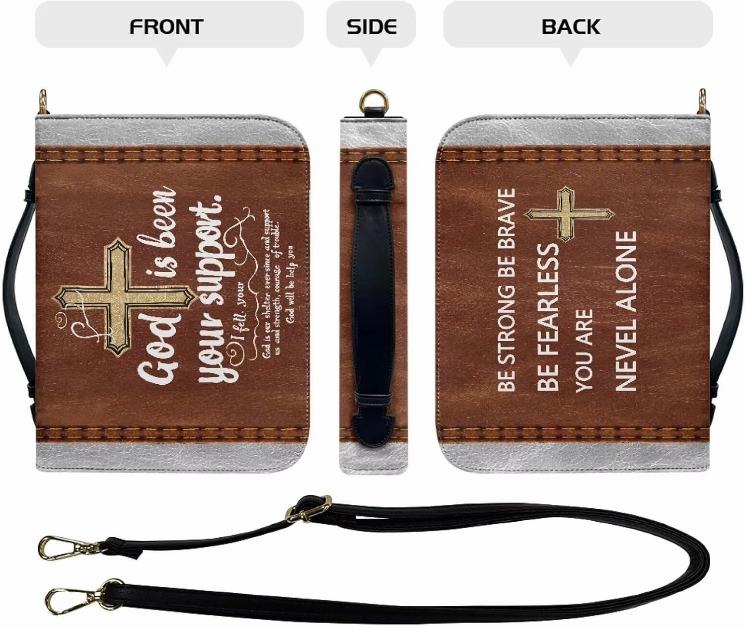 Suobstales Cross Pattern Bible Cover for Women Men God is Been Your Support PU Leather Bible Tote Bag Large Capacity Study Bible Bag with Shoulder Strap Waterproof Bible Carrying Case Church Bag, L