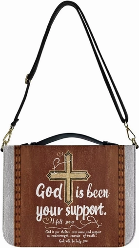Suobstales Cross Pattern Bible Cover for Women Men God is Been Your Support PU Leather Bible Tote Bag Large Capacity Study Bible Bag with Shoulder Strap Waterproof Bible Carrying Case Church Bag, L