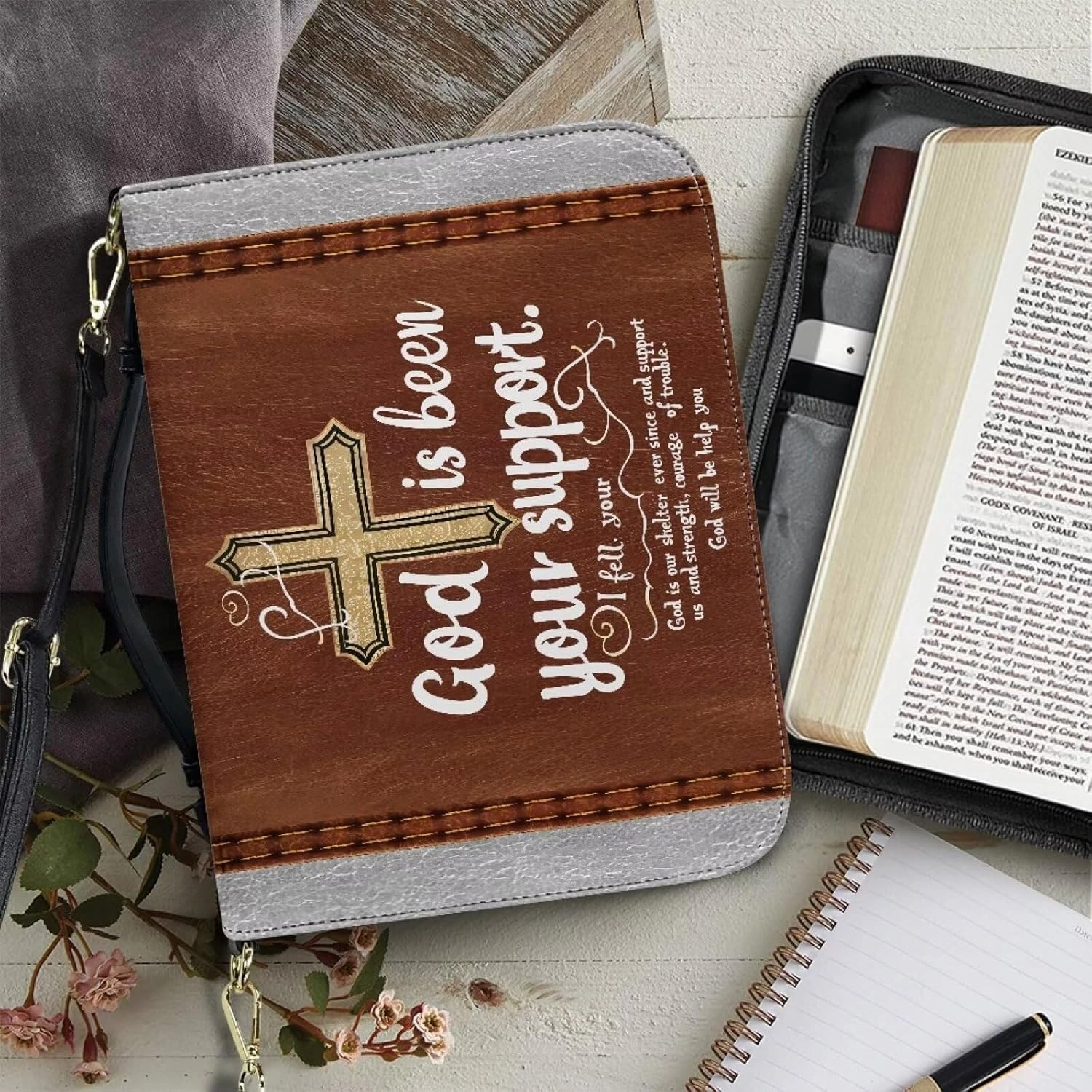 Suobstales Cross Pattern Bible Cover for Women Men God is Been Your Support PU Leather Bible Tote Bag Large Capacity Study Bible Bag with Shoulder Strap Waterproof Bible Carrying Case Church Bag, L