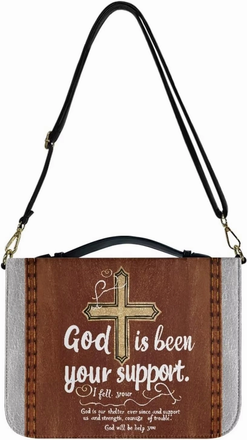 Suobstales Cross Pattern Bible Cover for Women Men God is Been Your Support PU Leather Bible Tote Bag Large Capacity Study Bible Bag with Shoulder Strap Waterproof Bible Carrying Case Church Bag, L