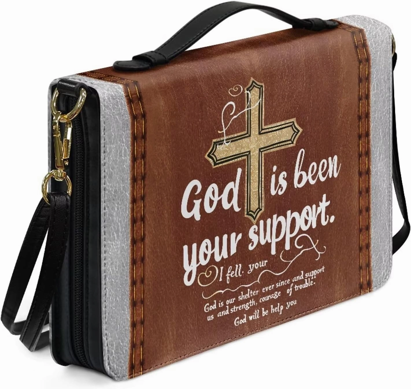 Suobstales Cross Pattern Bible Cover for Women Men God is Been Your Support PU Leather Bible Tote Bag Large Capacity Study Bible Bag with Shoulder Strap Waterproof Bible Carrying Case Church Bag, L