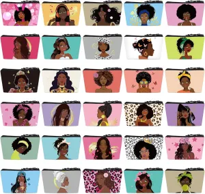 Sweetude 30 Pcs Black Women Cosmetic Bags African American Makeup Bag Reusable Canvas Toiletry Bag Zipper Pouches for Purse Afro Travel Organizer Toiletries Accessories Inspirational Gift