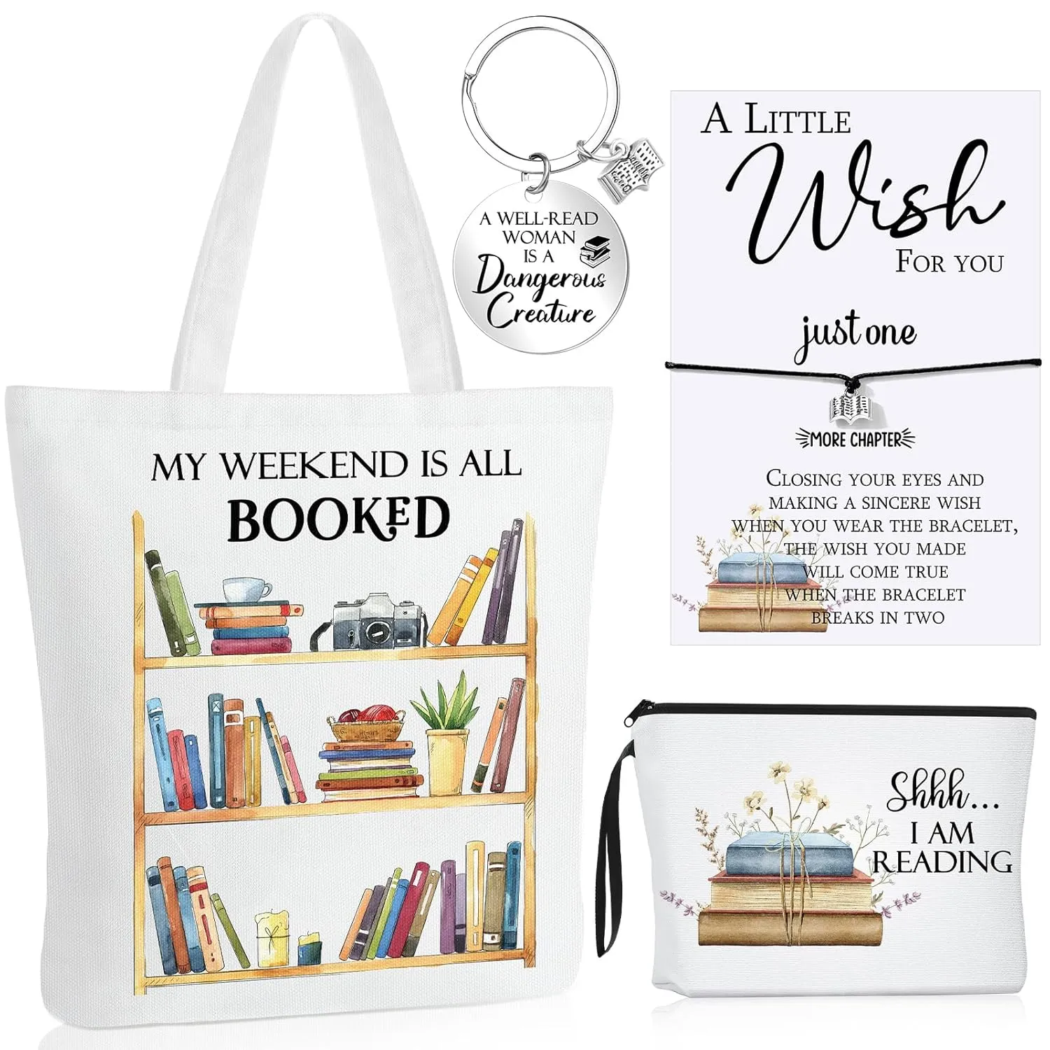 Sweetude 4 Pcs Book Lovers Gifts Sets Include Book Tote Bag, Bookworm Bracelet with Wish Card, Canvas Makeup Bag, Bookish Keychain for Readers Book Lover Gifts