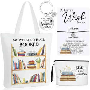 Sweetude 4 Pcs Book Lovers Gifts Sets Include Book Tote Bag, Bookworm Bracelet with Wish Card, Canvas Makeup Bag, Bookish Keychain for Readers Book Lover Gifts