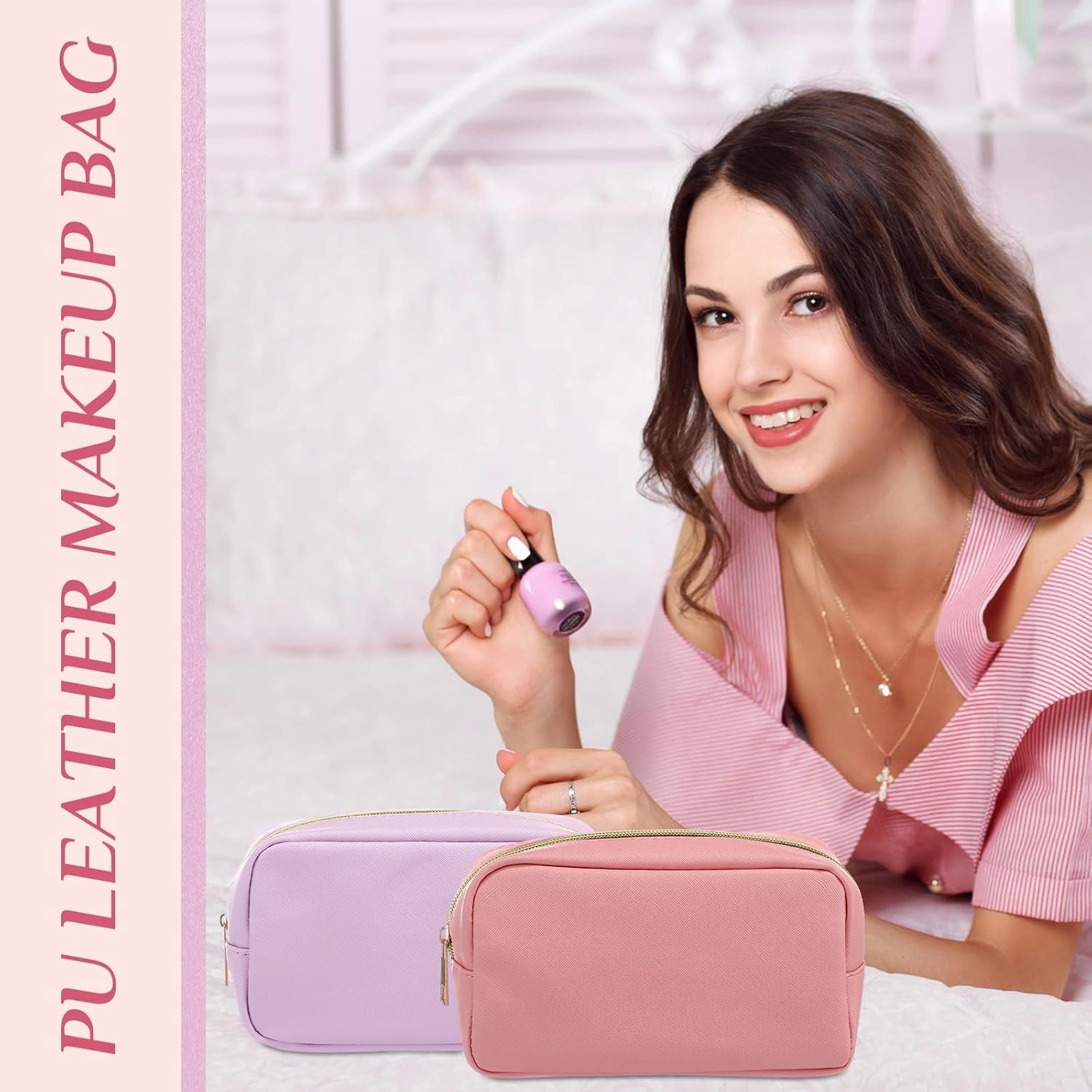 Sweetude 10 Pcs Preppy Makeup Bag Bulk Cosmetic Bag Bridesmaid Gift Wedding Day Bachelorette Party Favor Toiletry Pouch DIY PU Leather Skincare Pouch for Women(Pink and Purple)
