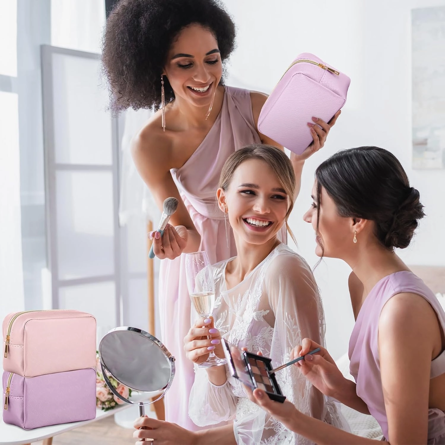 Sweetude 10 Pcs Preppy Makeup Bag Bulk Cosmetic Bag Bridesmaid Gift Wedding Day Bachelorette Party Favor Toiletry Pouch DIY PU Leather Skincare Pouch for Women(Pink and Purple)