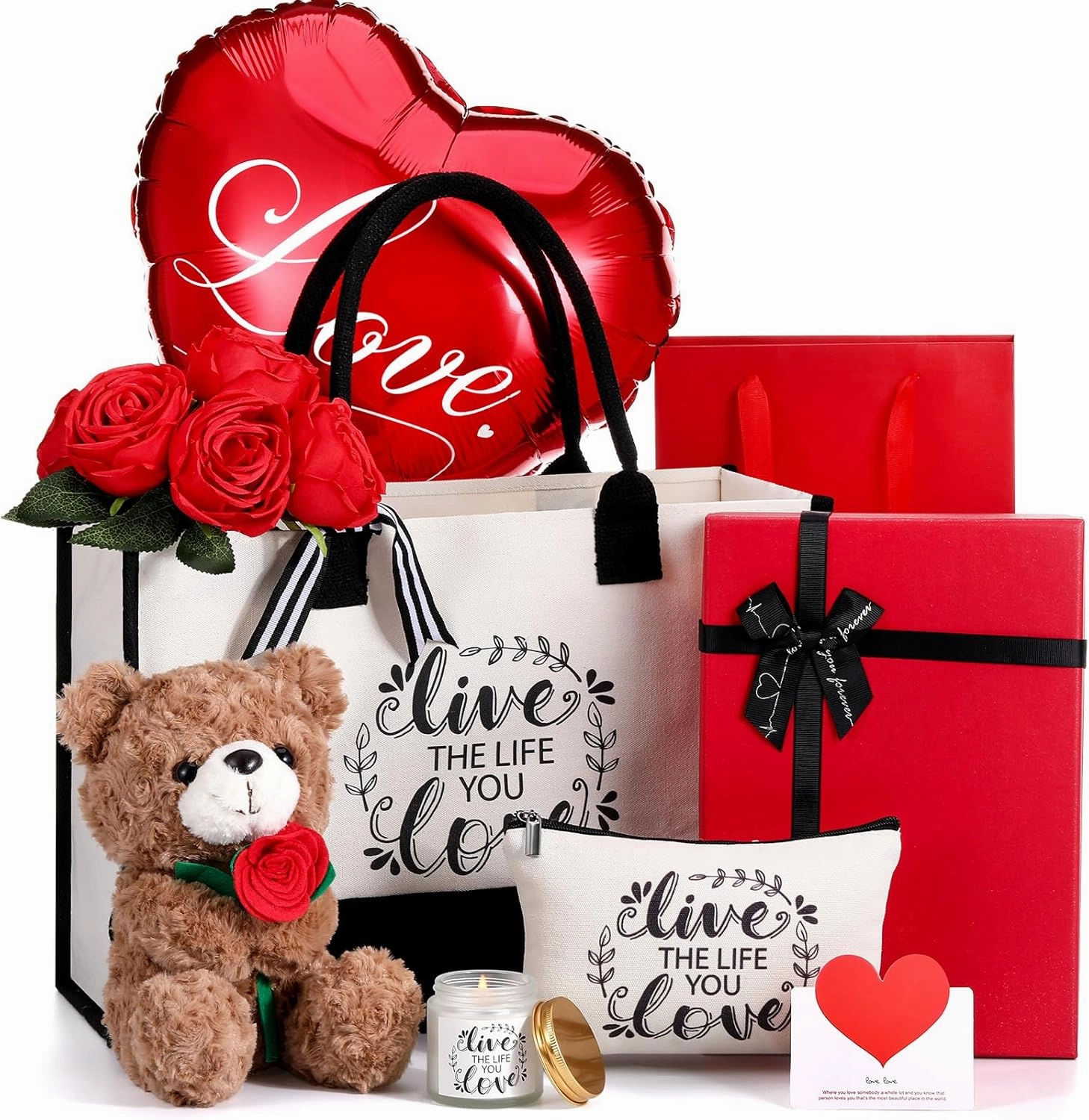 Talltalk 10 Pcs Anniversary Flowers Gift for Her Unique Anniversary Rose Gifts for Wife Birthday Gift Basket Ideas Including Rose Flowers Bear Tote Bag String Light Balloon Card for Woman