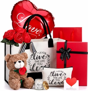 Talltalk 10 Pcs Anniversary Flowers Gift for Her Unique Anniversary Rose Gifts for Wife Birthday Gift Basket Ideas Including Rose Flowers Bear Tote Bag String Light Balloon Card for Woman