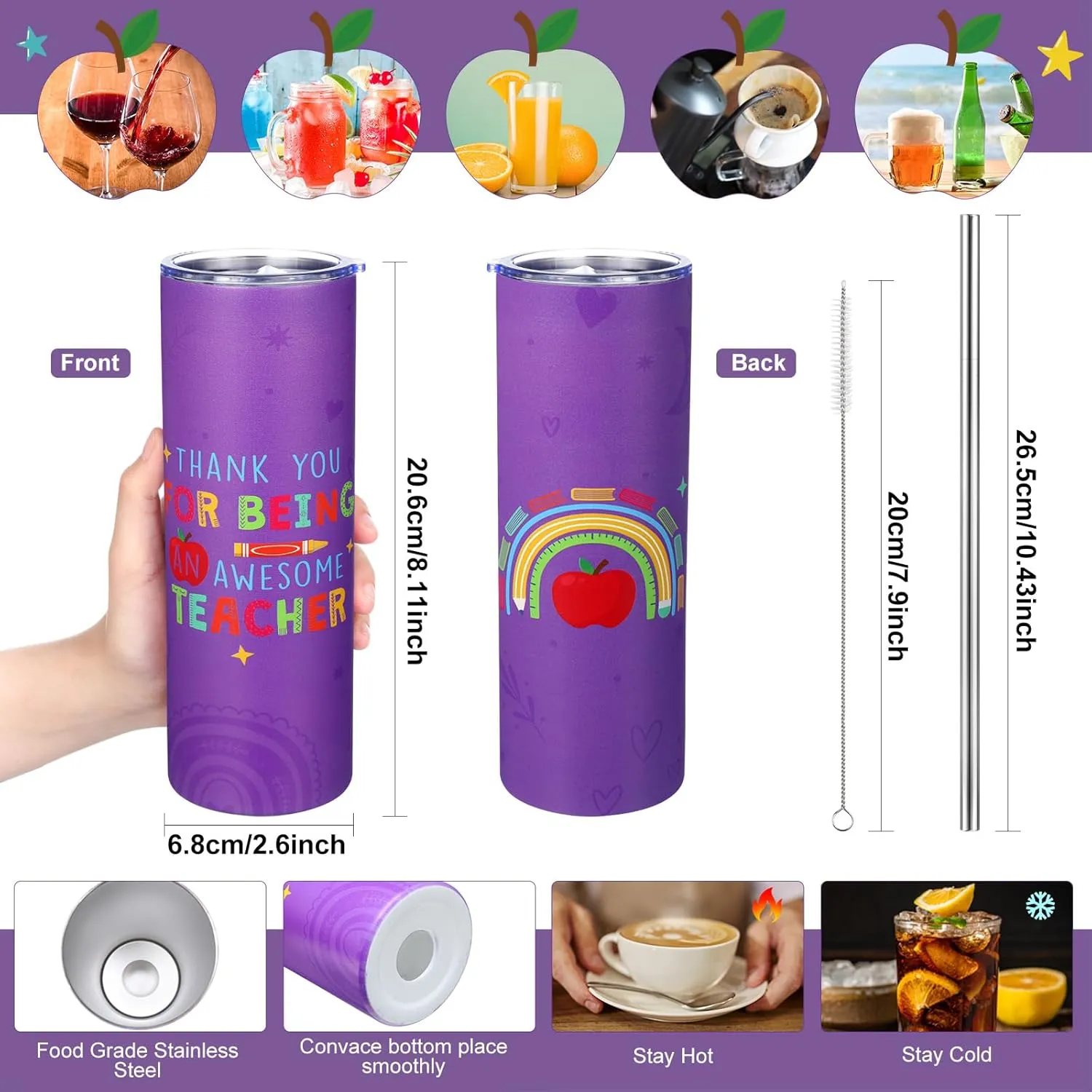 Teacher Appreciation Gifts Thank You Best Teacher Gift for Women Canvas Tote Bag 20 oz Tumbler Scented Candle Thank You Appreciation Week Themed Retirement Basket Ideas(Purple,Classic)