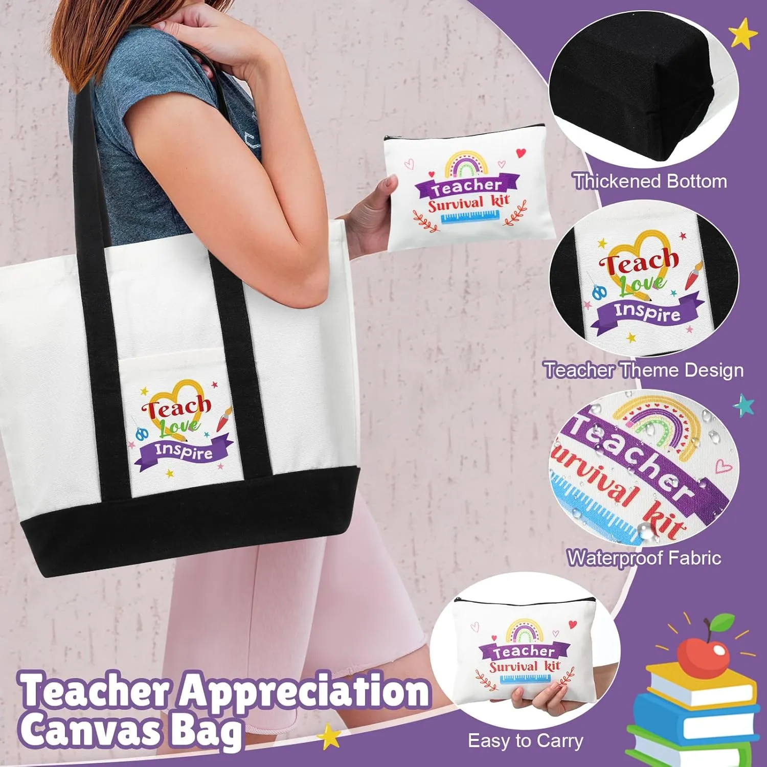 Teacher Appreciation Gifts Thank You Best Teacher Gift for Women Canvas Tote Bag 20 oz Tumbler Scented Candle Thank You Appreciation Week Themed Retirement Basket Ideas(Purple,Classic)
