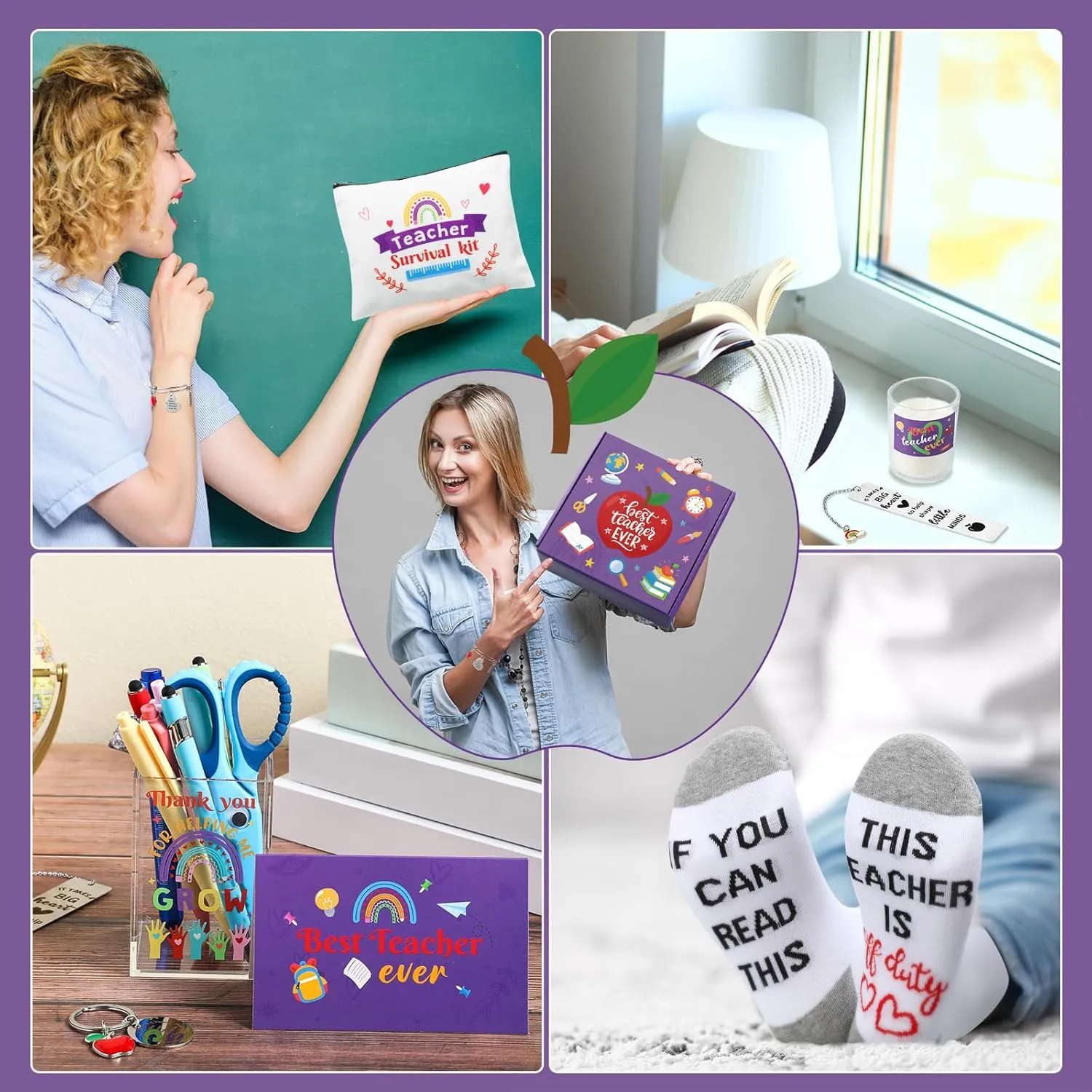 Teacher Appreciation Gifts Thank You Best Teacher Gift for Women Canvas Tote Bag 20 oz Tumbler Scented Candle Thank You Appreciation Week Themed Retirement Basket Ideas(Purple,Classic)