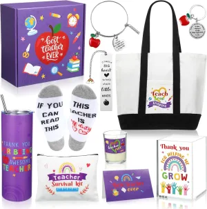 Teacher Appreciation Gifts Thank You Best Teacher Gift for Women Canvas Tote Bag 20 oz Tumbler Scented Candle Thank You Appreciation Week Themed Retirement Basket Ideas(Purple,Classic)