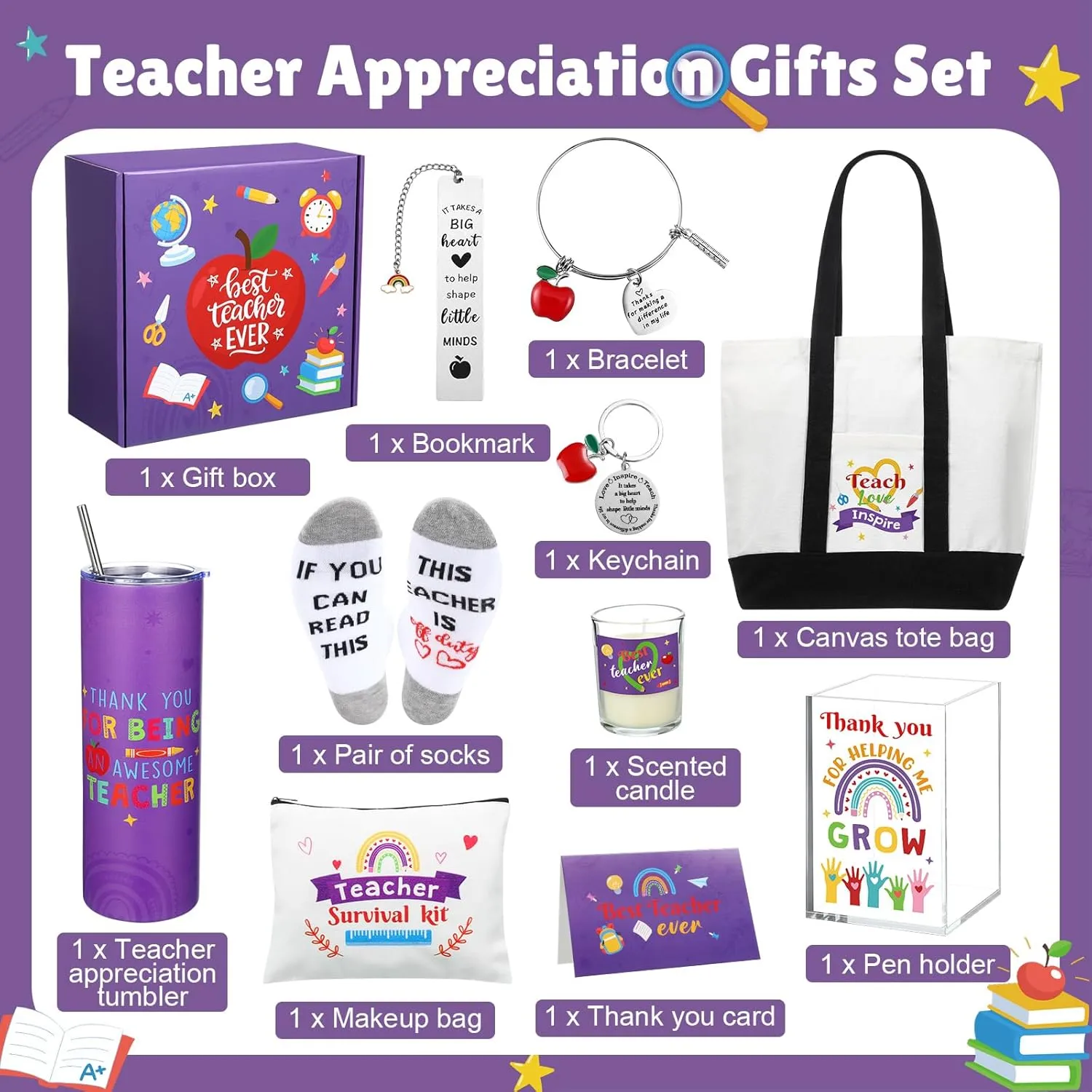 Teacher Appreciation Gifts Thank You Best Teacher Gift for Women Canvas Tote Bag 20 oz Tumbler Scented Candle Thank You Appreciation Week Themed Retirement Basket Ideas(Purple,Classic)