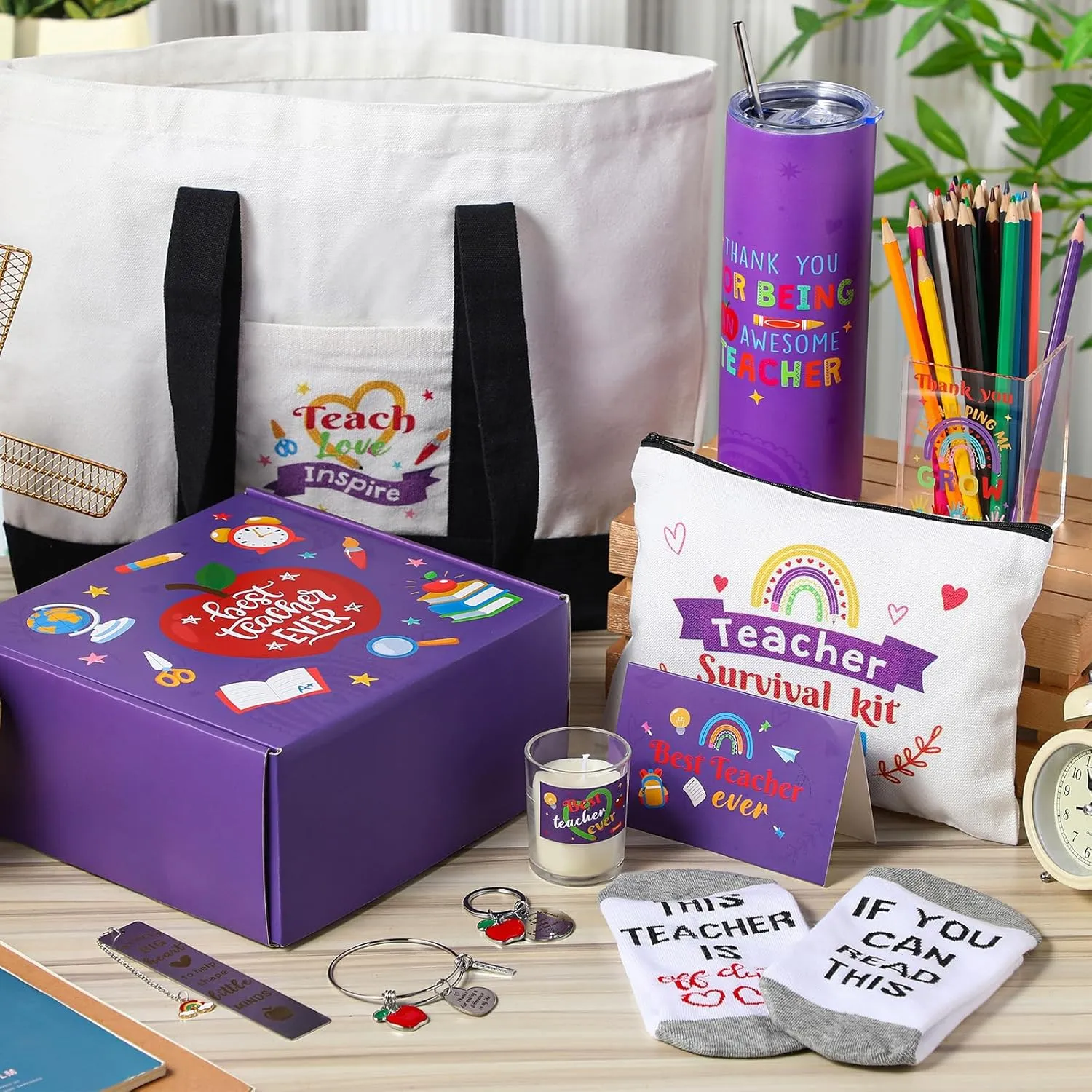 Teacher Appreciation Gifts Thank You Best Teacher Gift for Women Canvas Tote Bag 20 oz Tumbler Scented Candle Thank You Appreciation Week Themed Retirement Basket Ideas(Purple,Classic)