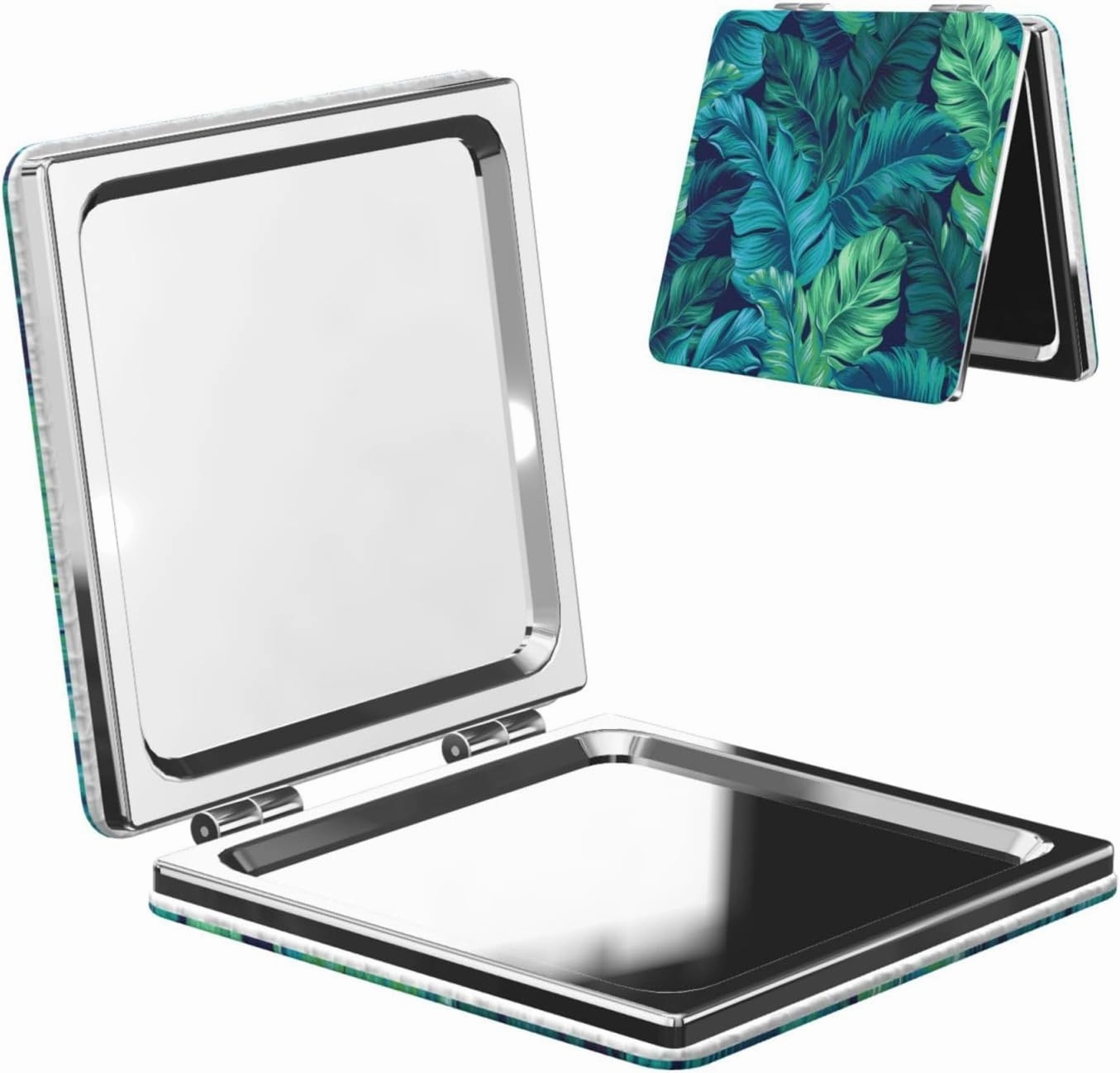 Teal Turquoise Green Tropical Leaves Women Small Makeup Mirror Portable Pocket Cosmetic Mirror for Travel