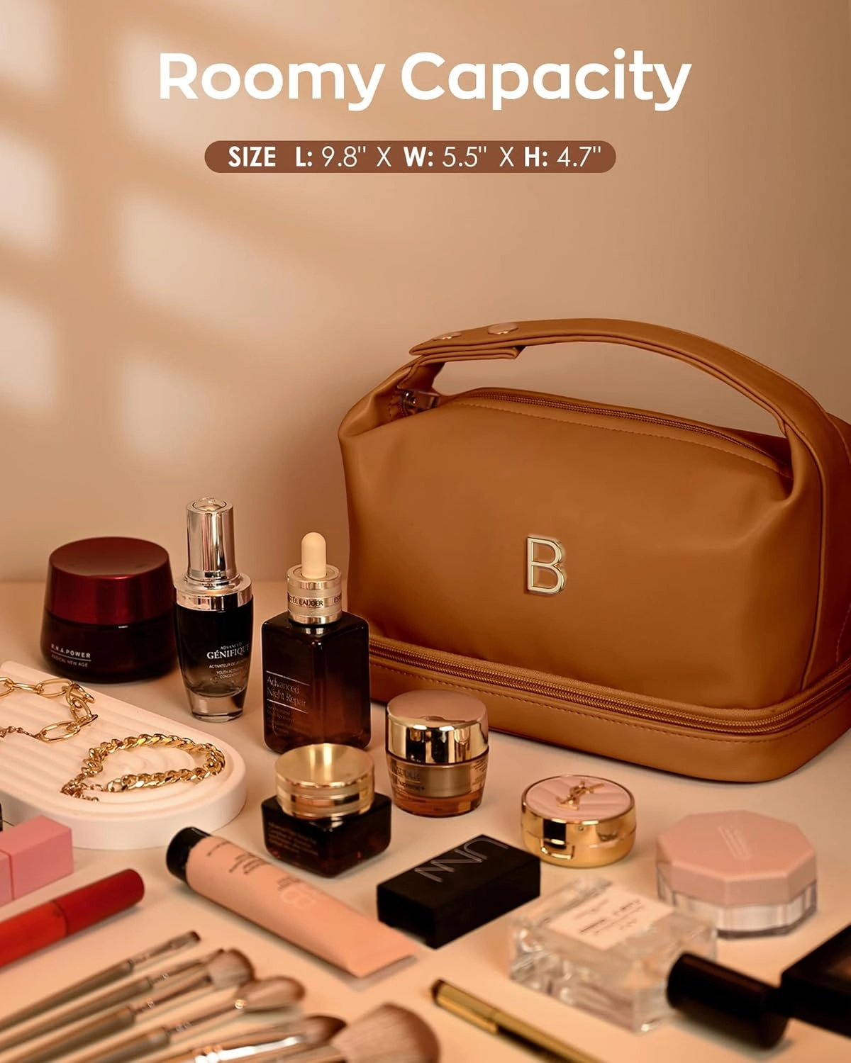 Teen Girl Gifts Trendy Stuff, Makeup Bags for Women with Handle, Initial Double Layer Cosmetic Bag with Makeup Brush Organizer, Cute Cosmetic Pouch for Women, Gifts for Friends Female Mom
